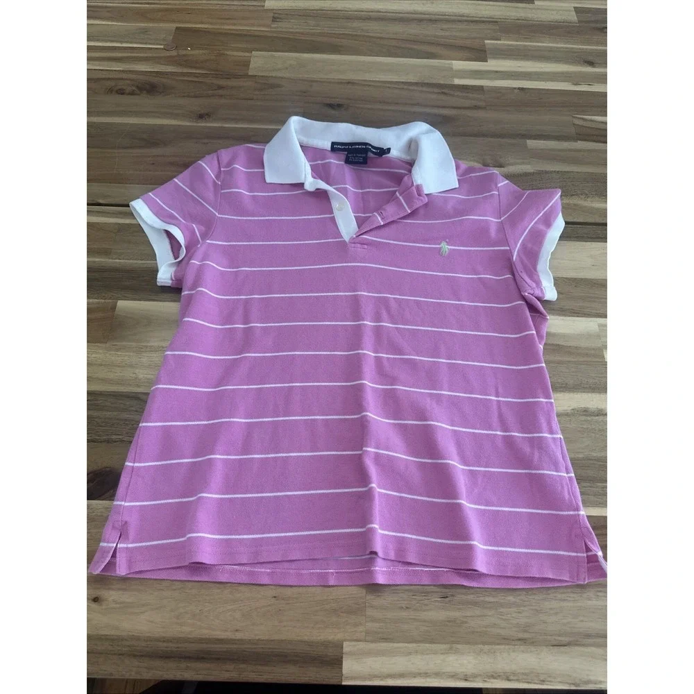 Ralph‎ Lauren Shirt Girls Large Pink White Stripes Tee Lightweight Sport Kids